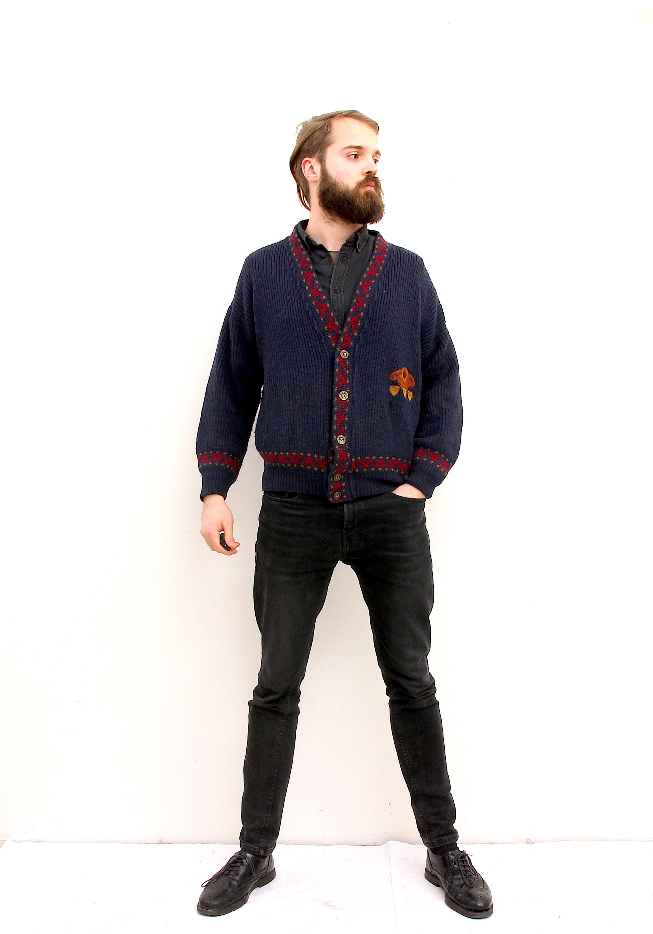 Royal Knitted Men Cardigan VNeck Italian Blue Sweater M L