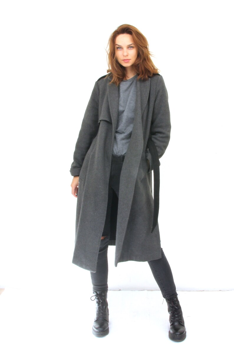 Grey Military Style Wool Coat Woman Belted Minimalist Peacoat M