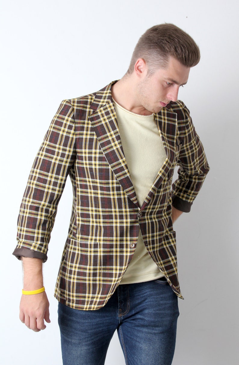 70s Tartan Jacket Tailored Jacket For Men Classic Jacket Yellow Brown Jacket L