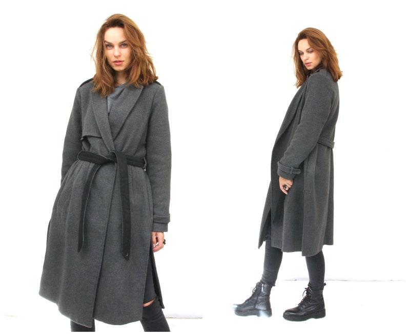 Grey Military Style Wool Coat Woman Belted Minimalist Peacoat M