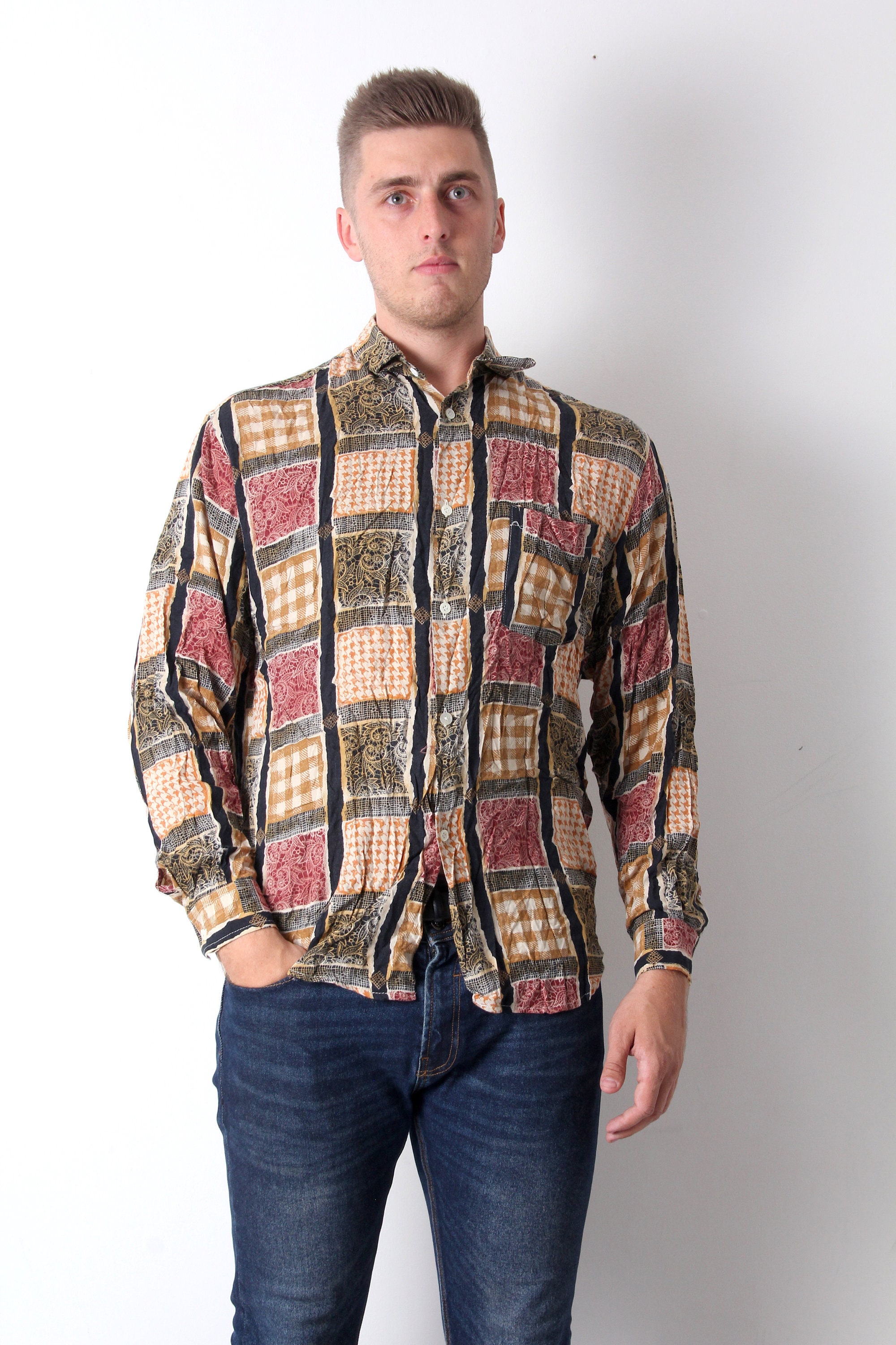 80's Abstract Men Shirt Checkered Oversized Geometric Shirt L XL