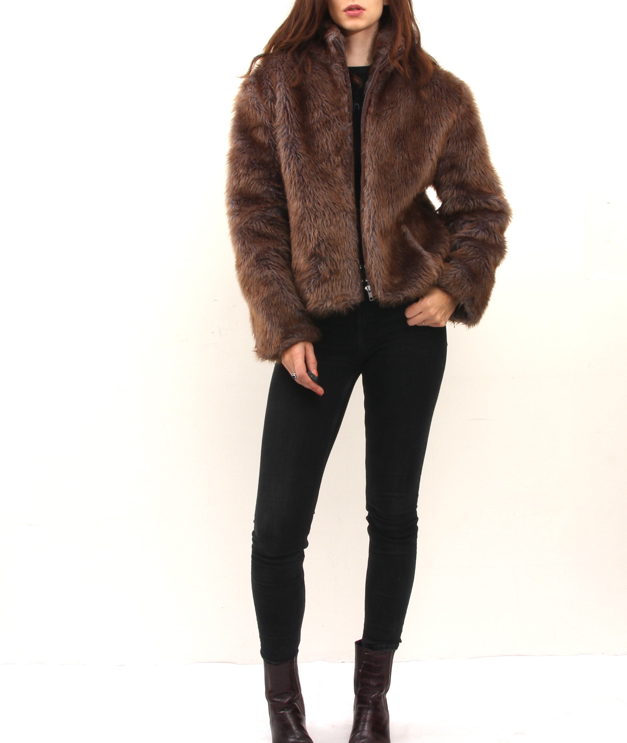 Vintage Faux Fur Coat Crop Brown Furry Jacket Eco Fur Women Jacket M