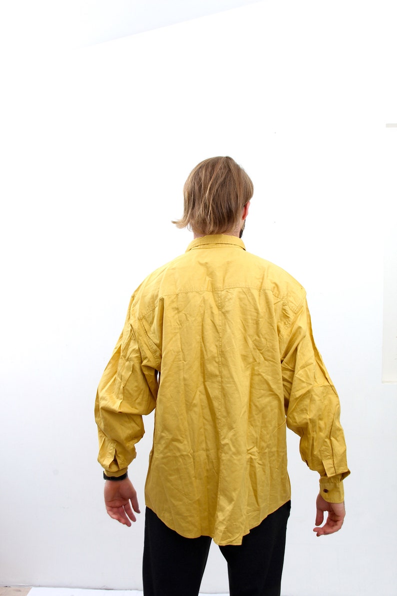 Vintage Button Down Oxford Shirt 80/'s Mustard Men Minimalist Chemise L XL