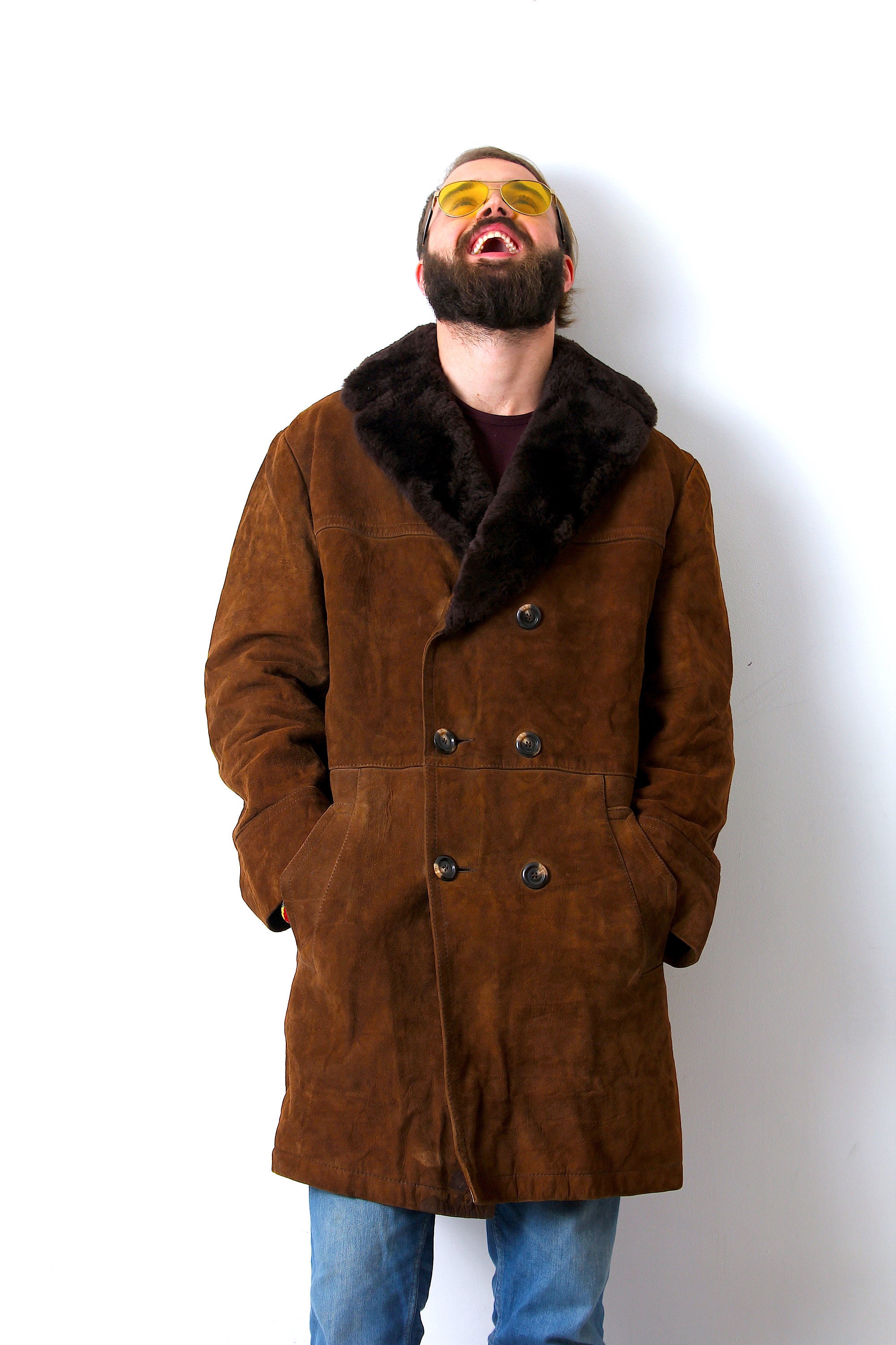 Afghan Shearling Leather Coat Fur Winter Brown Coat M L