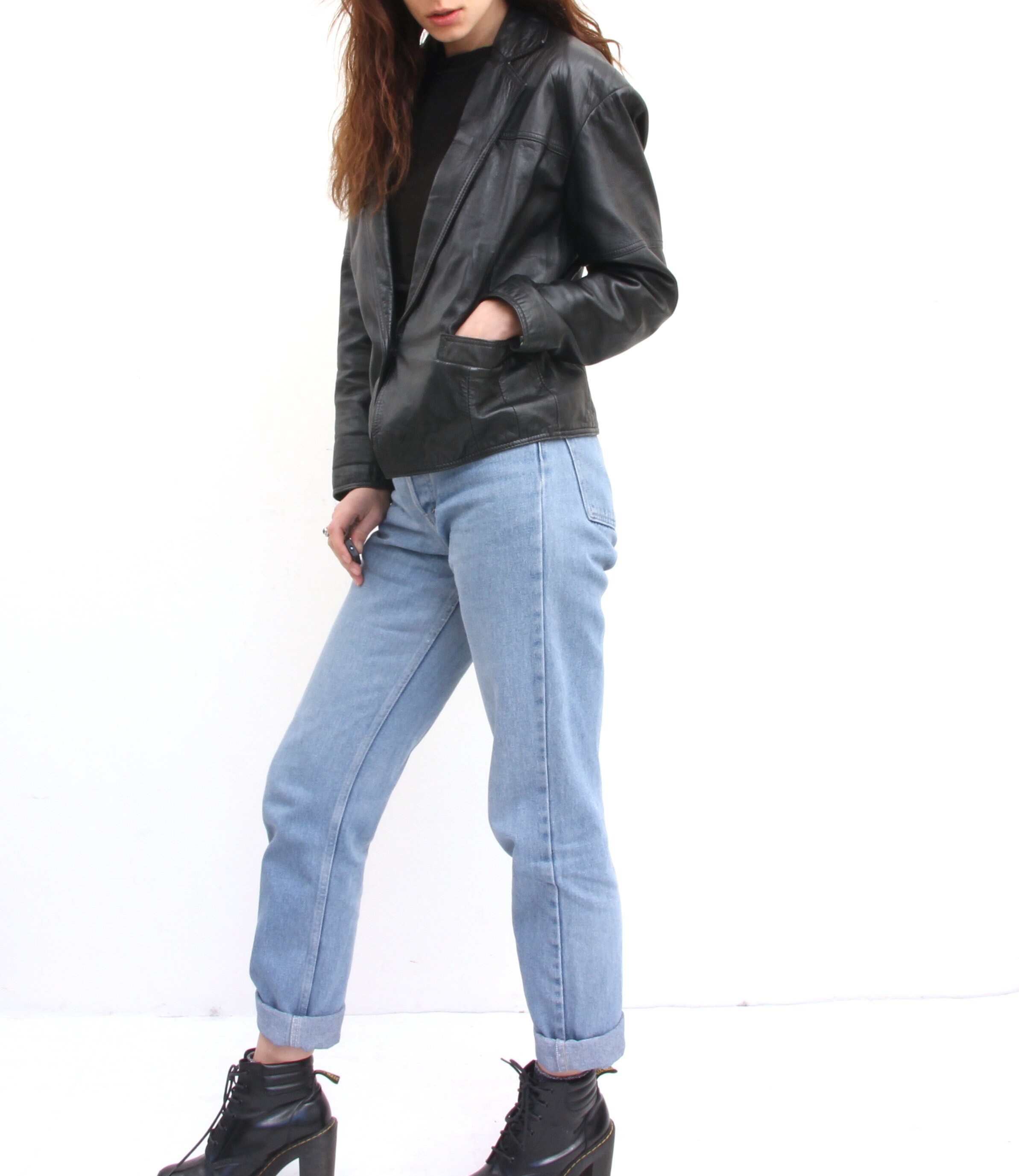 80's Vintage Black leather Boxy Jacket Oversized Deep Neck One Button Jacket L