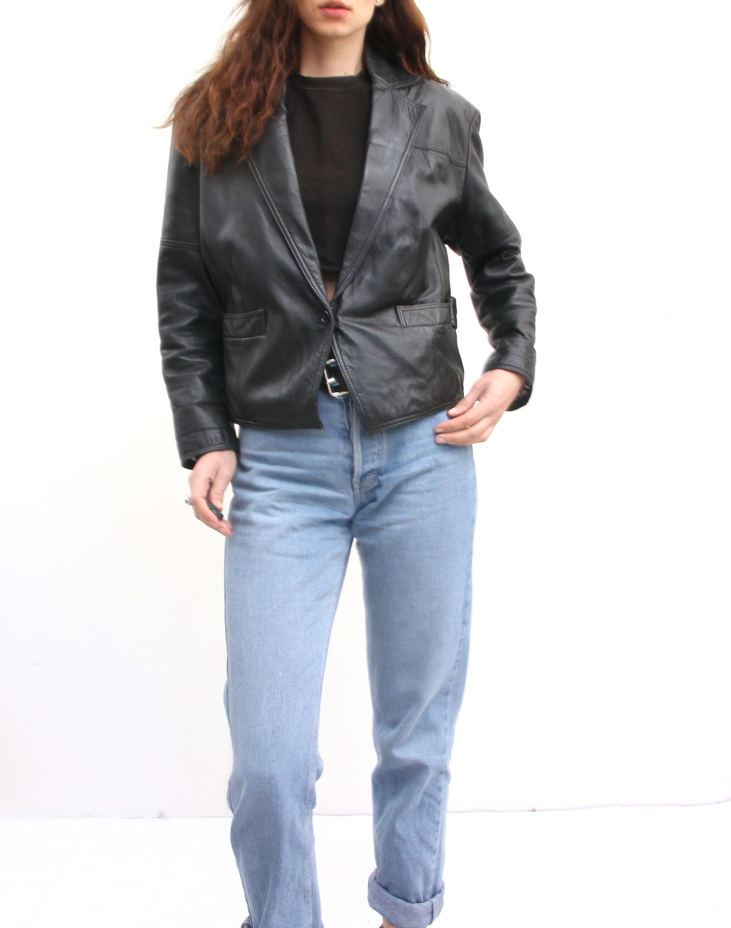 80's Vintage Black leather Boxy Jacket Oversized Deep Neck One Button Jacket L