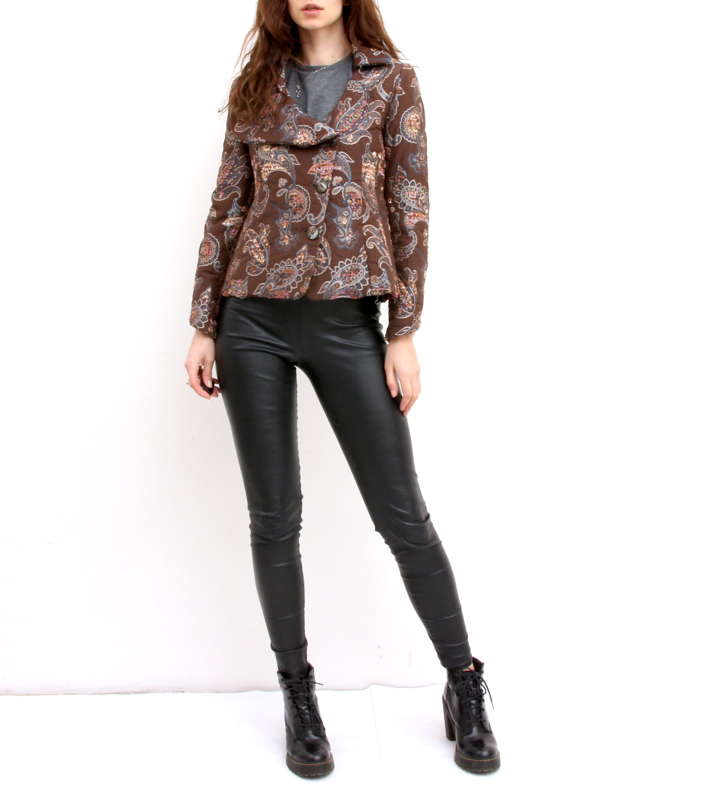Vintage Feminine Brown Floral Tapestry Jacket Short Waisted Jacket With