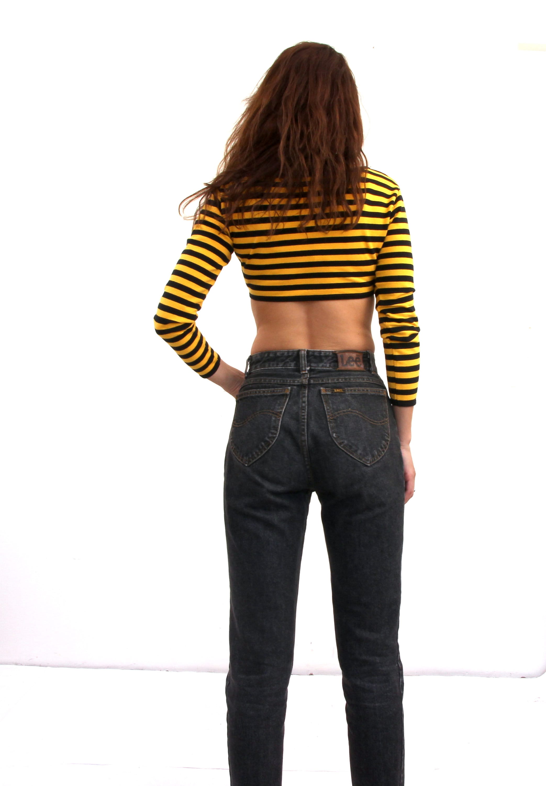 black and yellow striped crop top