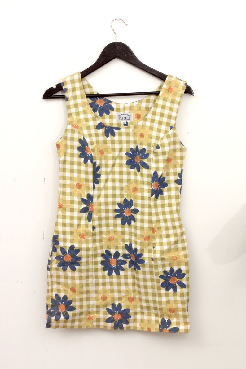 70s Yellow Blue Blossoms Summer Dress Sheath Above Knee Cute Floral Dress M 38