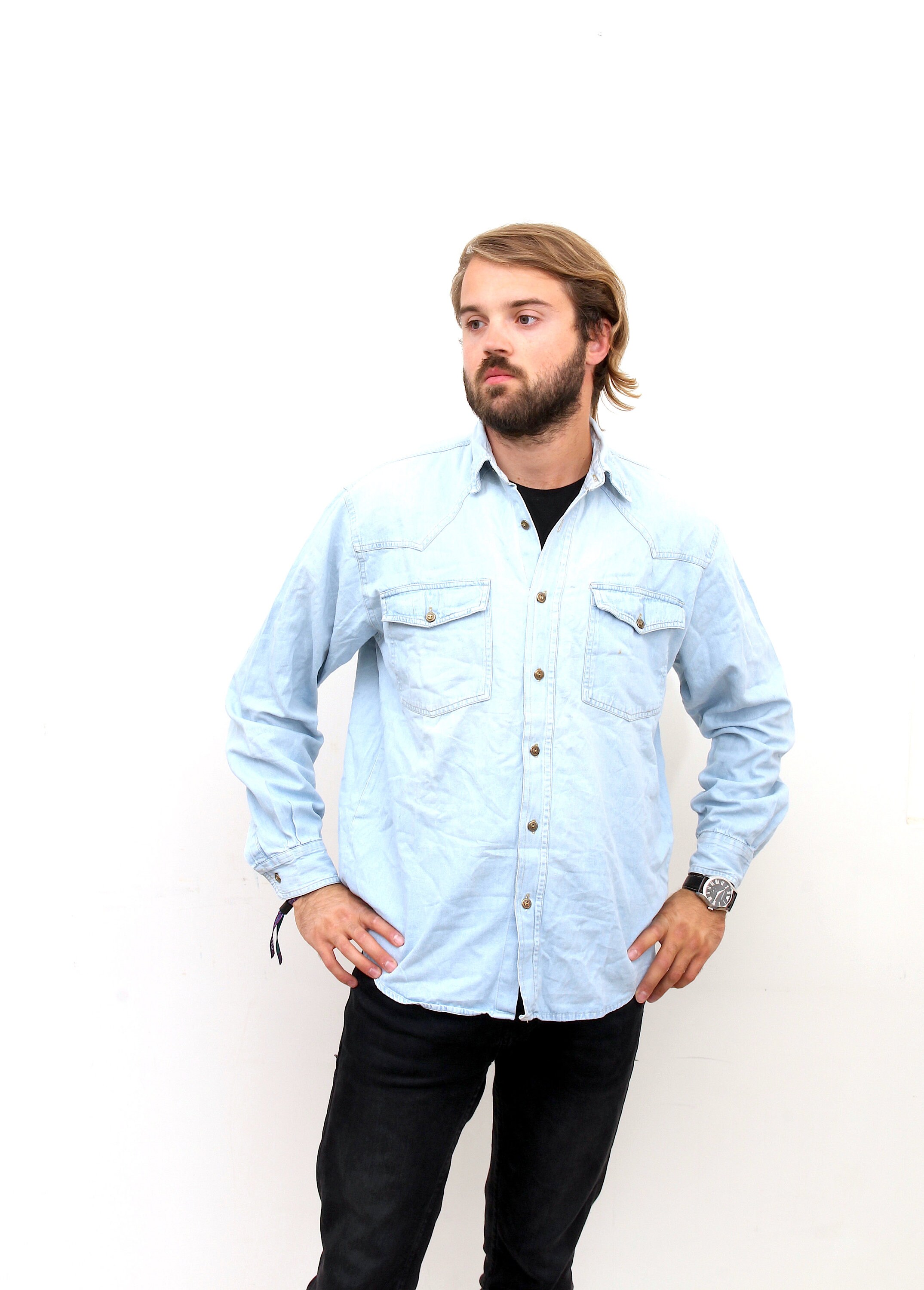 mens denim shirt with snap buttons