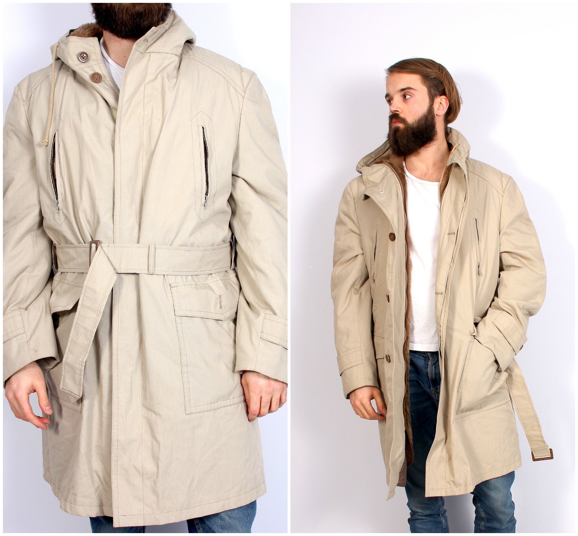 Hooded Men Trench Coat Belted White Warm Coat M L Etsy