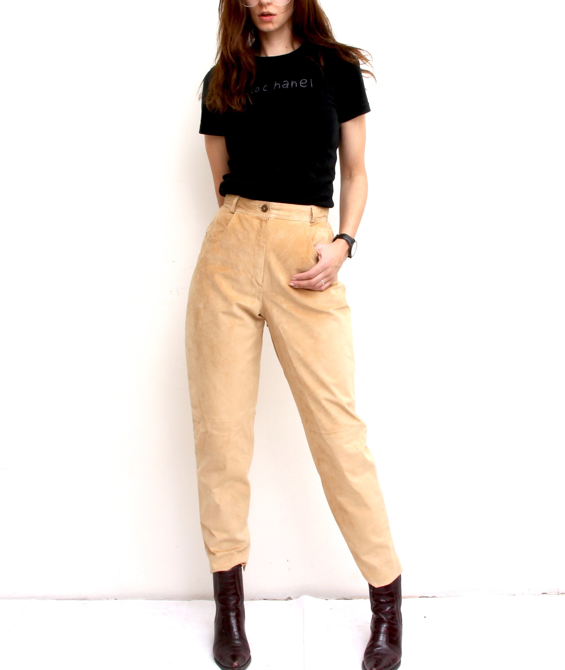 Vintage Beige Suede Pants Western Cowgirl Trousers For Women Tapered Pants M