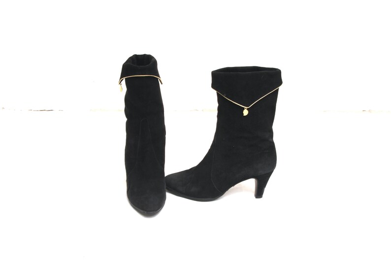 80s Slouch Booties Black Suede Heeled Boots Rocker New Romantic Heels Shoes EU39 UK6 US8/'5