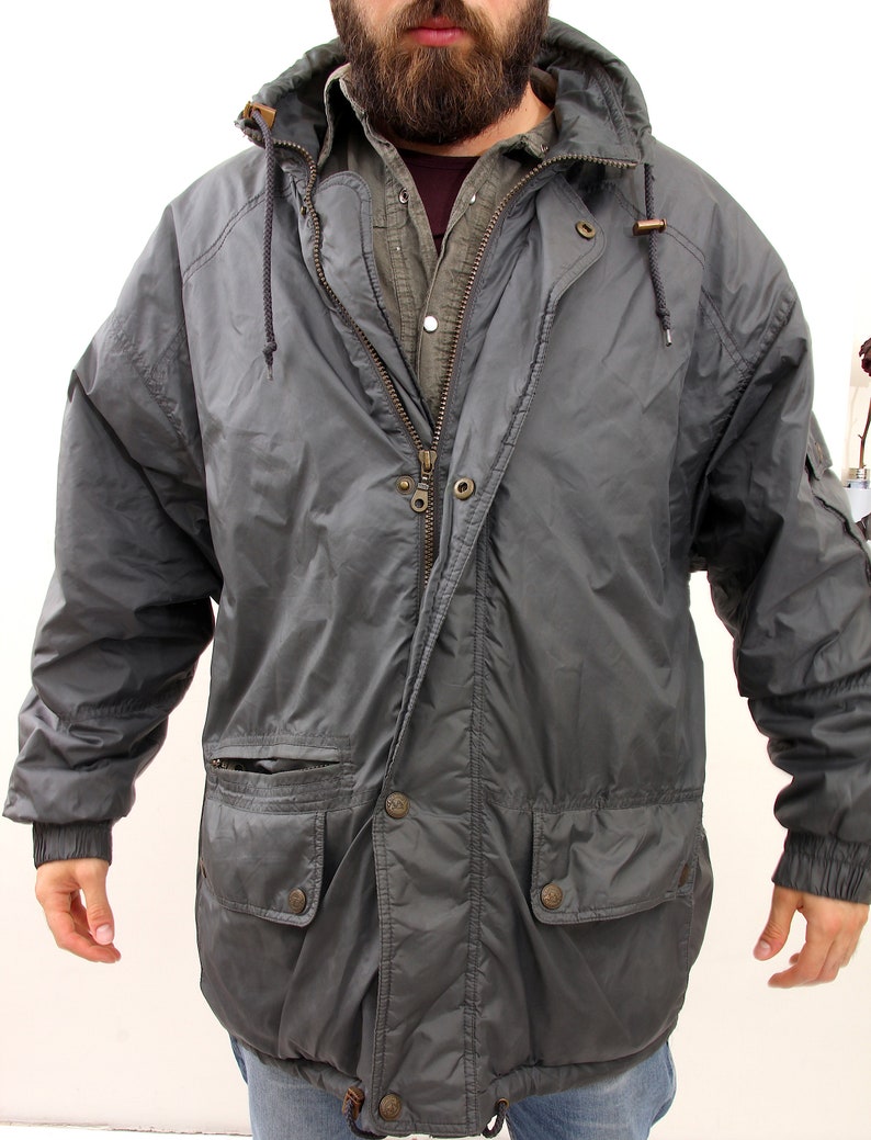 Cargo Drawstring Men Jacket Hiking Grey Parka Hooded Coat M L
