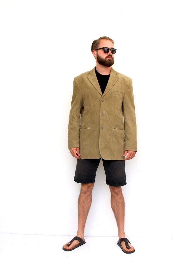 Corduroy Long Sport Coat Classic Men Beige Blazer