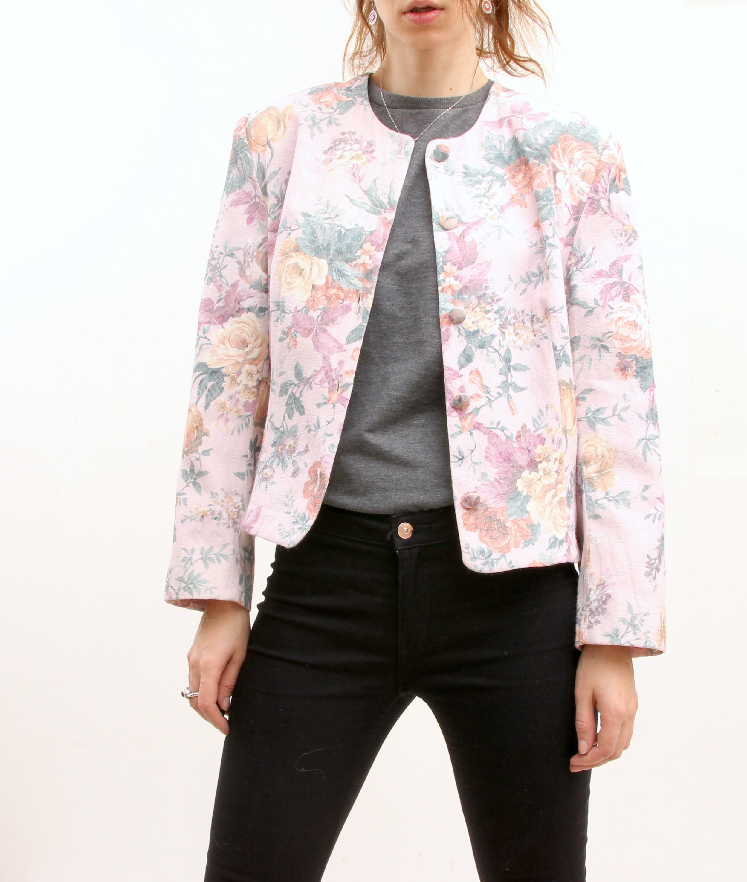 Pastel Colours Floral Jacket O Neck Large Women Jacket Romantic Crop