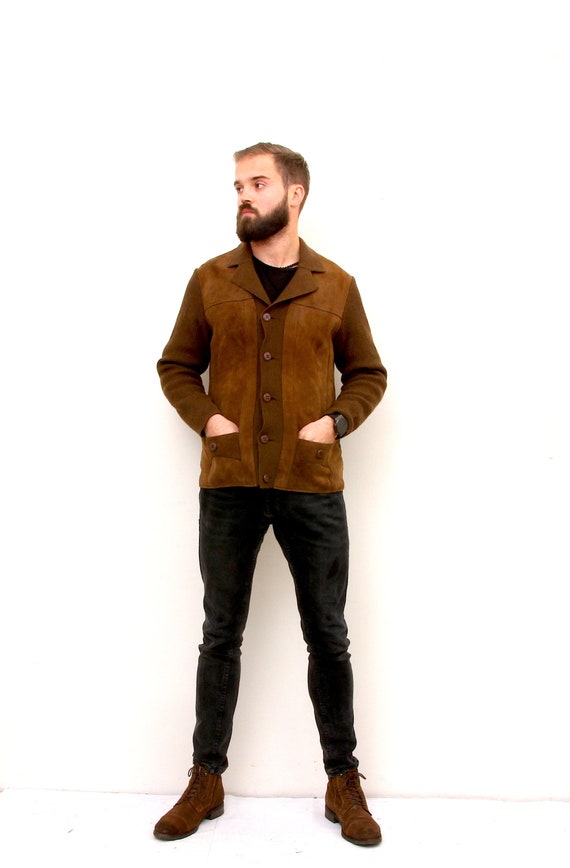 Suede Leather Knitted Cardigan 80's Dad's Minimal