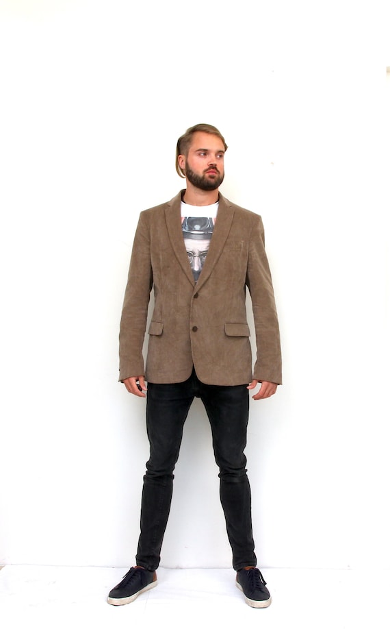 Corduroy Beige Sport Coat Fitted Two Buttons Men B