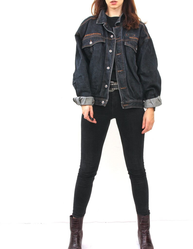 Vintage Black Oversized Jean Jacket Western Embroidered Jacket Etsy