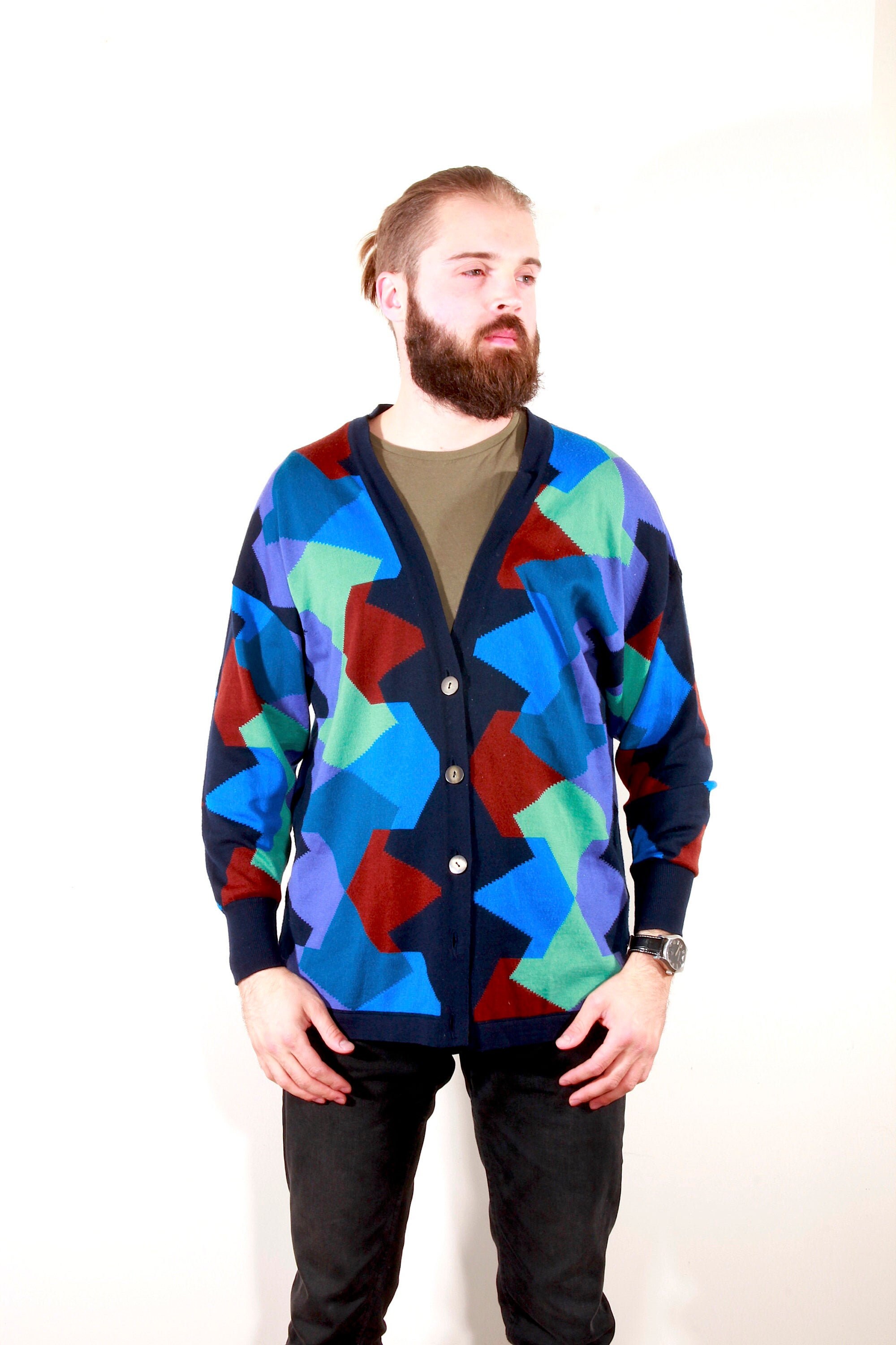 Vintage 80's Knitted Unisex Cardigan Abstract Multicolour V-Neck ...
