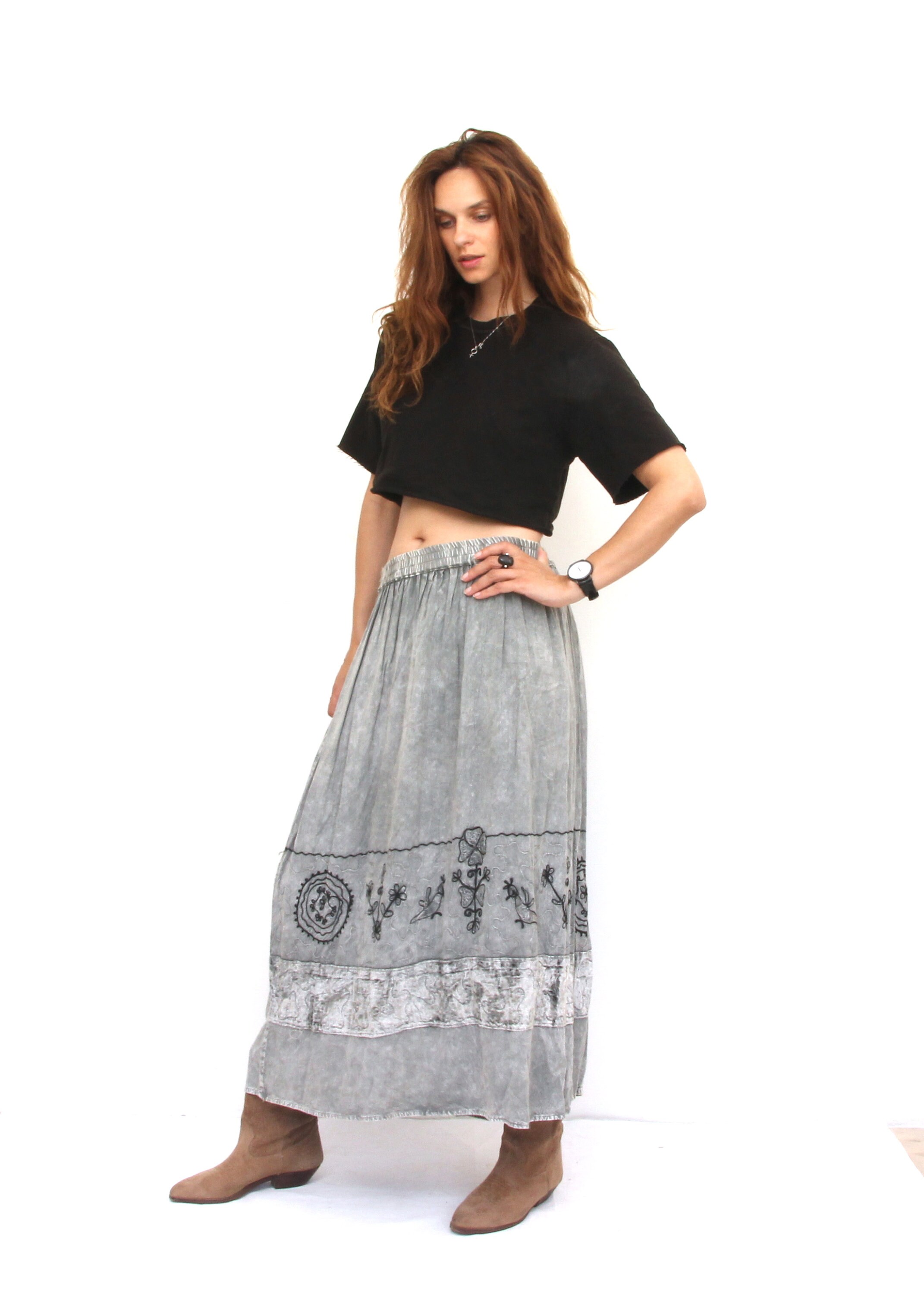 Vintage Tye Dyed Full Skirt Khaki Embroidered Boho Skirt L- 2XL