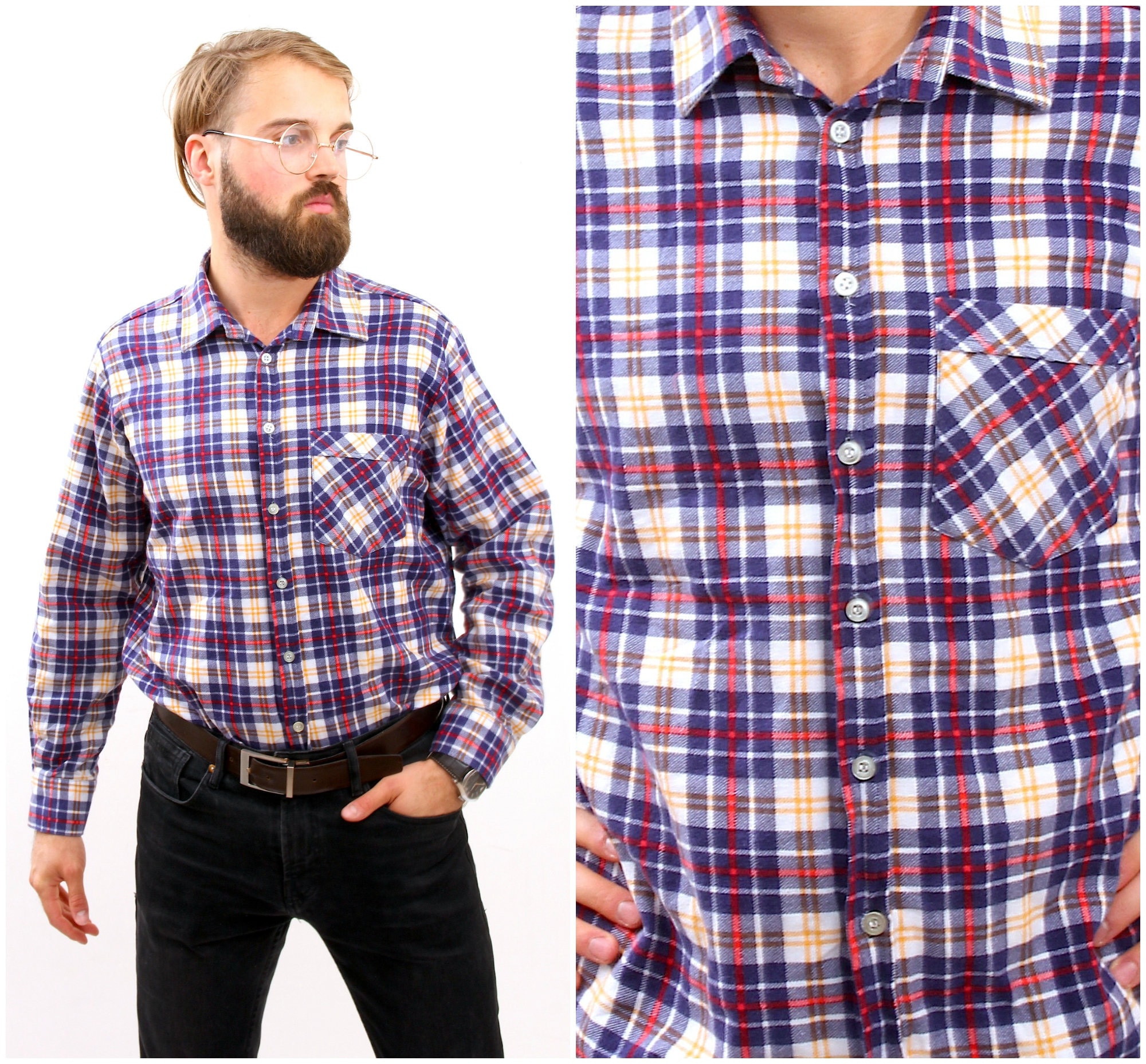 Rrive Men Chest Pocket Plaid Check Long Sleeve Button Up Fashion Shirts