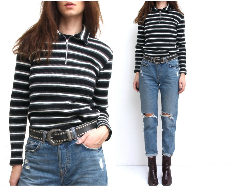 Vertical Stripes Black And White Top Quarter Zip Blouse Fitted Grunge Everyday Top With Long Sleeve M Made in France