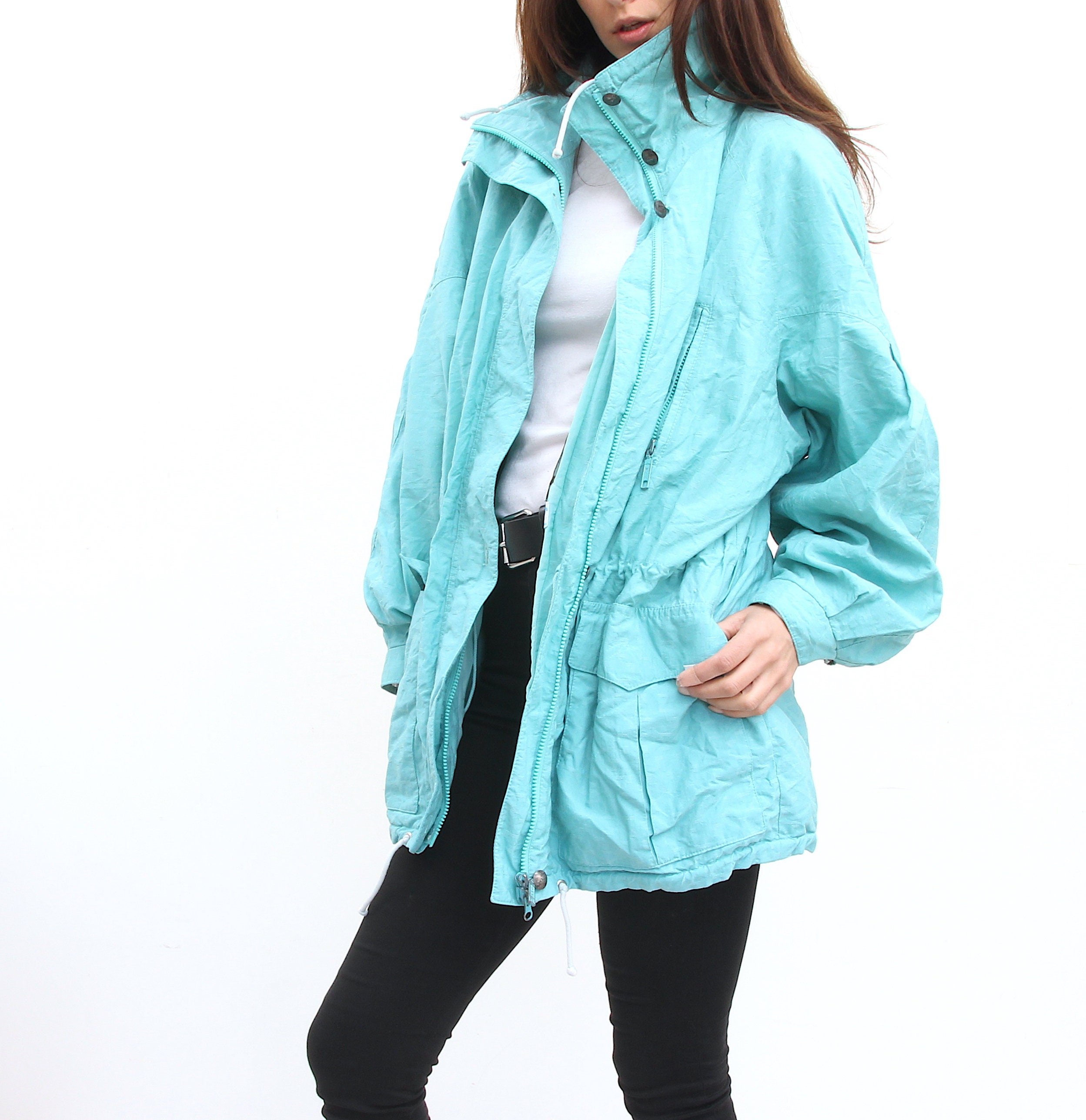 Mint Drawstring Parka Unisex Casual Jacket Streetwear Waterproof