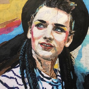 Boy George en retrato de collage de técnica mixta obra de arte original