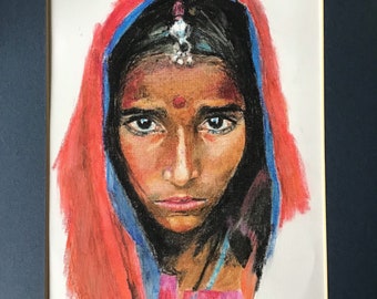 Original oil pastel drawing of a Girl in a sari