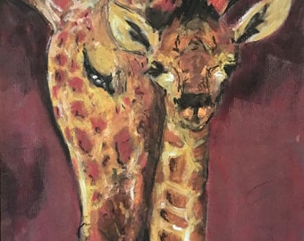 Dessin pastel original de la mère et du bébé girafe