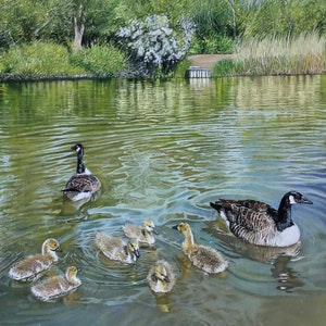 Geese on a lake oil painting on canvas ‘Springtime Goslings’ original artwork