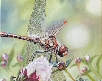 Peinture à l&#39;huile de libellule sur toile oeuvre d&#39;art originale « libellule de jardin »