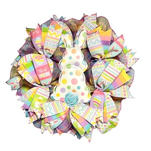 Easter Bunny Storm Door Wreath, Pastel Spring Decor, Thin Egg Ribbon Wreath
