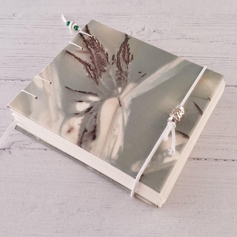eco print blank handmade journal watercolor painting drawing pick your paper coptic binding 4.5x4 green maple leaf print sketchbook