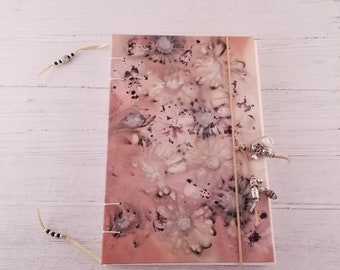 6"x 9" watercolor sketchbook, Arches hot pressed watercolor paper, pink daisy eco print cover, unique hardcover art journal