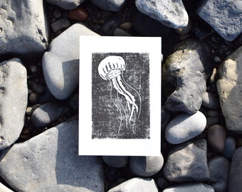 Jellyfish Lino Print, Original Handmade Art, Eco-friendly Ocean Themed Gift