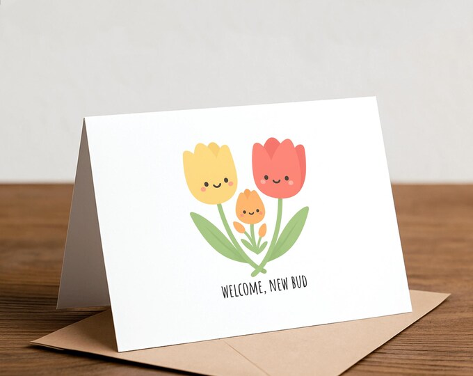 tulip baby shower card - gender reveal, welcome new bud