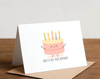 Tarjeta de felicitación con un juego de palabras con pastel: ¡que tengas un cumpleaños increíble!