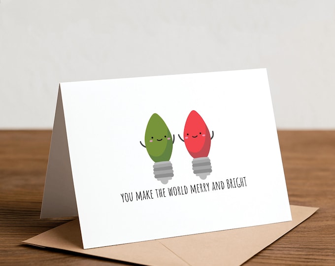 Funny Christmas Card - 'Merry and Bright' Pun, Handmade Holiday Card