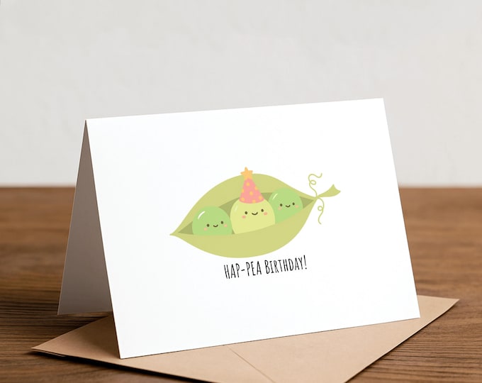 Funny HAP-Pea Birthday Card: Pun Greeting, Handmade Card, Peas, Vegan