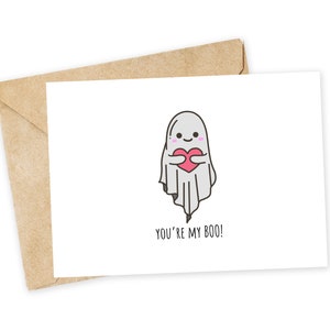 ¡Eres mi BOO! Linda tarjeta de felicitación con fantasma, corazón, Halloween, hoja, fantasma, espeluznante, San Valentín, tarjeta de amor