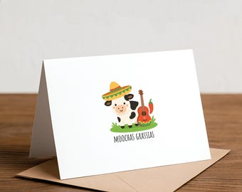 Tarjeta de agradecimiento divertida con texto en español "Muchas gracias"