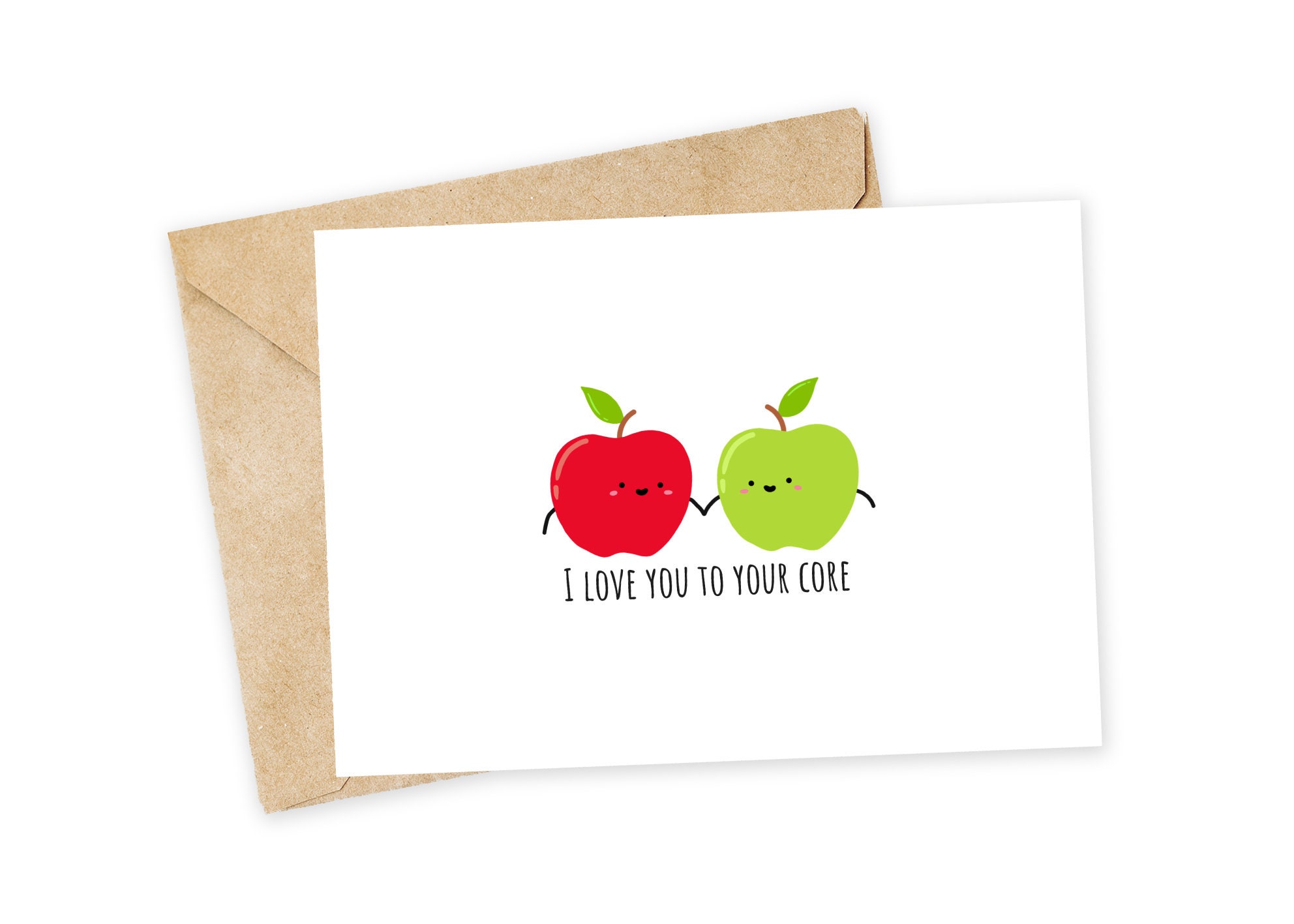 Te amo hasta el fondo - Tarjeta de felicitación de manzana, tarjeta de San Valentín, tarjeta hecha a mano, tarjeta para amantes de la comida, juego de palabras, tarjeta de frutas, manzanas