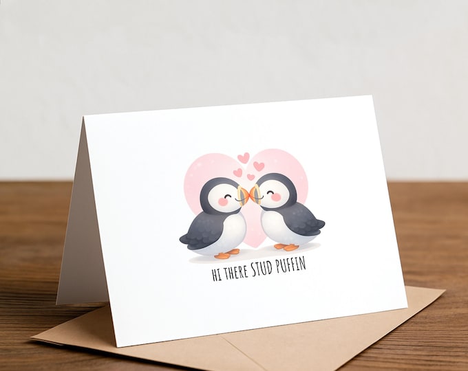 Stud Puffin Greeting Card: Punny Penguin Love Card (A2 Size)