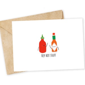Hey Hot Stuff! - Hot Sauce Greeting Card, Valentine's Day Card, Handmade Card, Foodie card, Tabasco, Sriracha, Hot Sauce, Pun