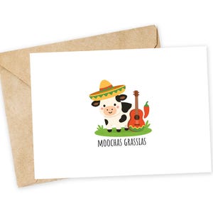 MOOchas Grass-ias - cute cow, Spanish, thank you, muchas gracias, Spanish pun, cow pun, thank you note, funny thank you
