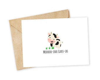 MOOchas Grass-ias - cute cow, Spanish, thank you, muchas gracias, Spanish pun, cow pun, thank you note, funny thank you