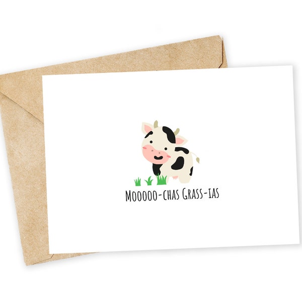 MOOchas Grass-ias - cute cow, Spanish, thank you, muchas gracias, Spanish pun, cow pun, thank you note, funny thank you