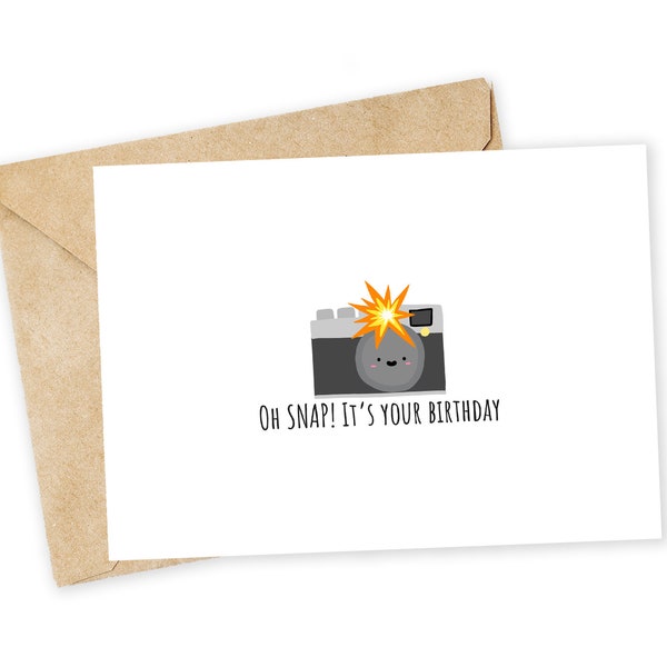 Oh SNAP ! C'est votre anniversaire - Carte de voeux Emoji avec appareil photo, carte de joyeux anniversaire, carte faite main, carte de photographie, carte d'anniversaire, jeu de mots, Snapchat